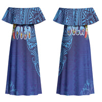 Fiji Day Couples Matching Off Shoulder Maxi Dress and Long Sleeve Button Shirt Coral Reef with Tapa Motifs and Hibiscus Ocean Vibe