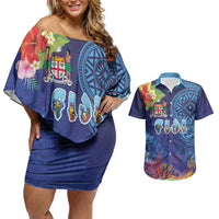 Fiji Day Couples Matching Off Shoulder Short Dress and Hawaiian Shirt Coral Reef with Tapa Motifs and Hibiscus Ocean Vibe
