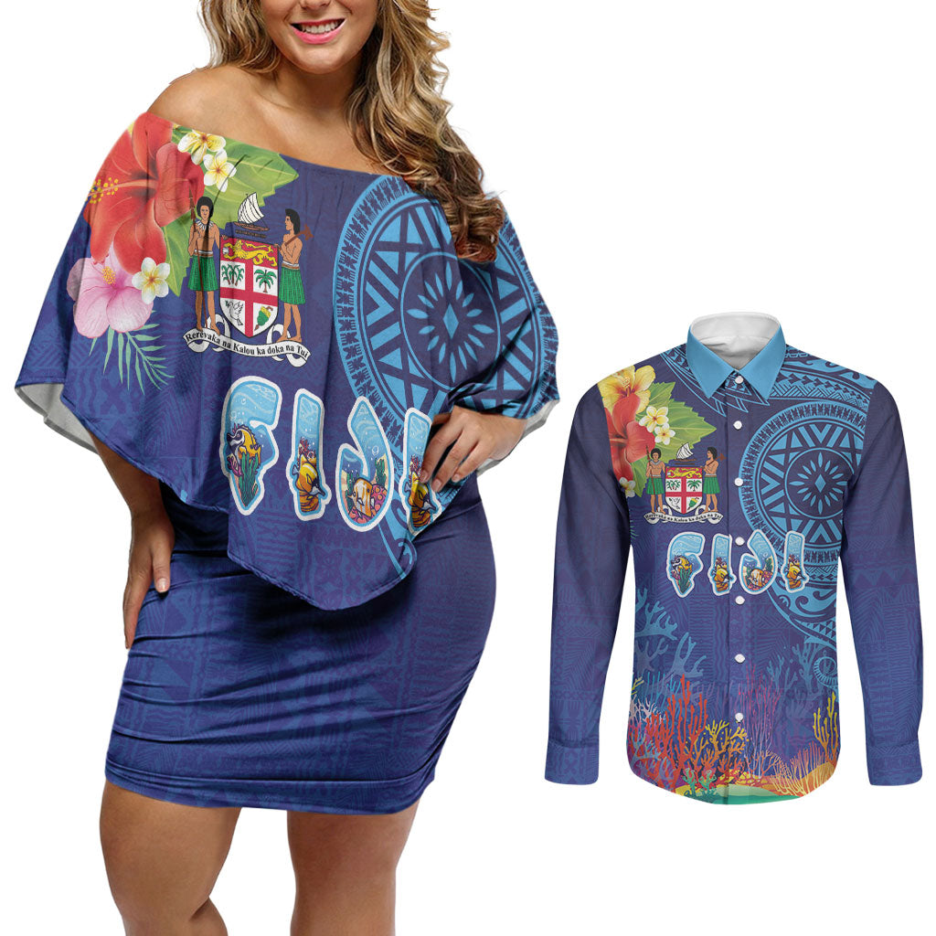 Fiji Day Couples Matching Off Shoulder Short Dress and Long Sleeve Button Shirt Coral Reef with Tapa Motifs and Hibiscus Ocean Vibe