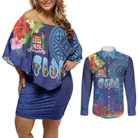 Fiji Day Couples Matching Off Shoulder Short Dress and Long Sleeve Button Shirt Coral Reef with Tapa Motifs and Hibiscus Ocean Vibe