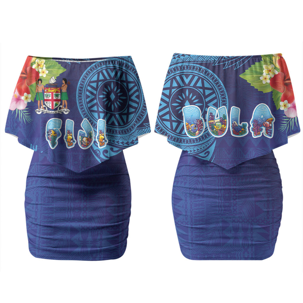 Fiji Day Couples Matching Off Shoulder Short Dress and Long Sleeve Button Shirt Coral Reef with Tapa Motifs and Hibiscus Ocean Vibe