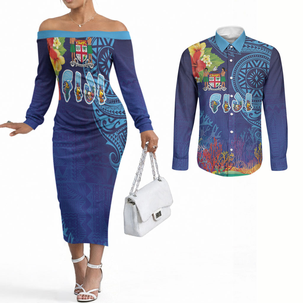 Fiji Day Couples Matching Off The Shoulder Long Sleeve Dress and Long Sleeve Button Shirt Coral Reef with Tapa Motifs and Hibiscus Ocean Vibe