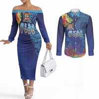 Fiji Day Couples Matching Off The Shoulder Long Sleeve Dress and Long Sleeve Button Shirt Coral Reef with Tapa Motifs and Hibiscus Ocean Vibe