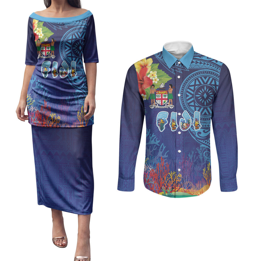 Fiji Day Couples Matching Puletasi and Long Sleeve Button Shirt Coral Reef with Tapa Motifs and Hibiscus Ocean Vibe