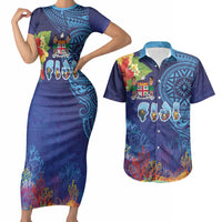 Fiji Day Couples Matching Short Sleeve Bodycon Dress and Hawaiian Shirt Coral Reef with Tapa Motifs and Hibiscus Ocean Vibe