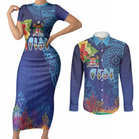 Fiji Day Couples Matching Short Sleeve Bodycon Dress and Long Sleeve Button Shirt Coral Reef with Tapa Motifs and Hibiscus Ocean Vibe
