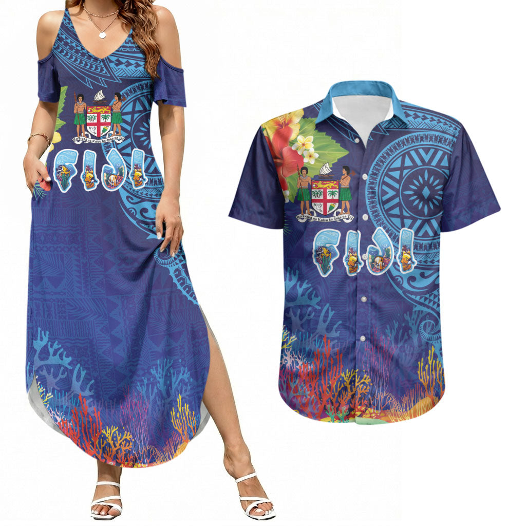 Fiji Day Couples Matching Summer Maxi Dress and Hawaiian Shirt Coral Reef with Tapa Motifs and Hibiscus Ocean Vibe