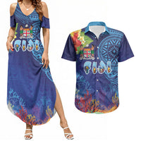 Fiji Day Couples Matching Summer Maxi Dress and Hawaiian Shirt Coral Reef with Tapa Motifs and Hibiscus Ocean Vibe