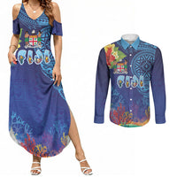 Fiji Day Couples Matching Summer Maxi Dress and Long Sleeve Button Shirt Coral Reef with Tapa Motifs and Hibiscus Ocean Vibe