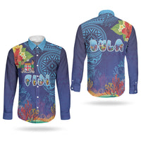 Fiji Day Couples Matching Summer Maxi Dress and Long Sleeve Button Shirt Coral Reef with Tapa Motifs and Hibiscus Ocean Vibe