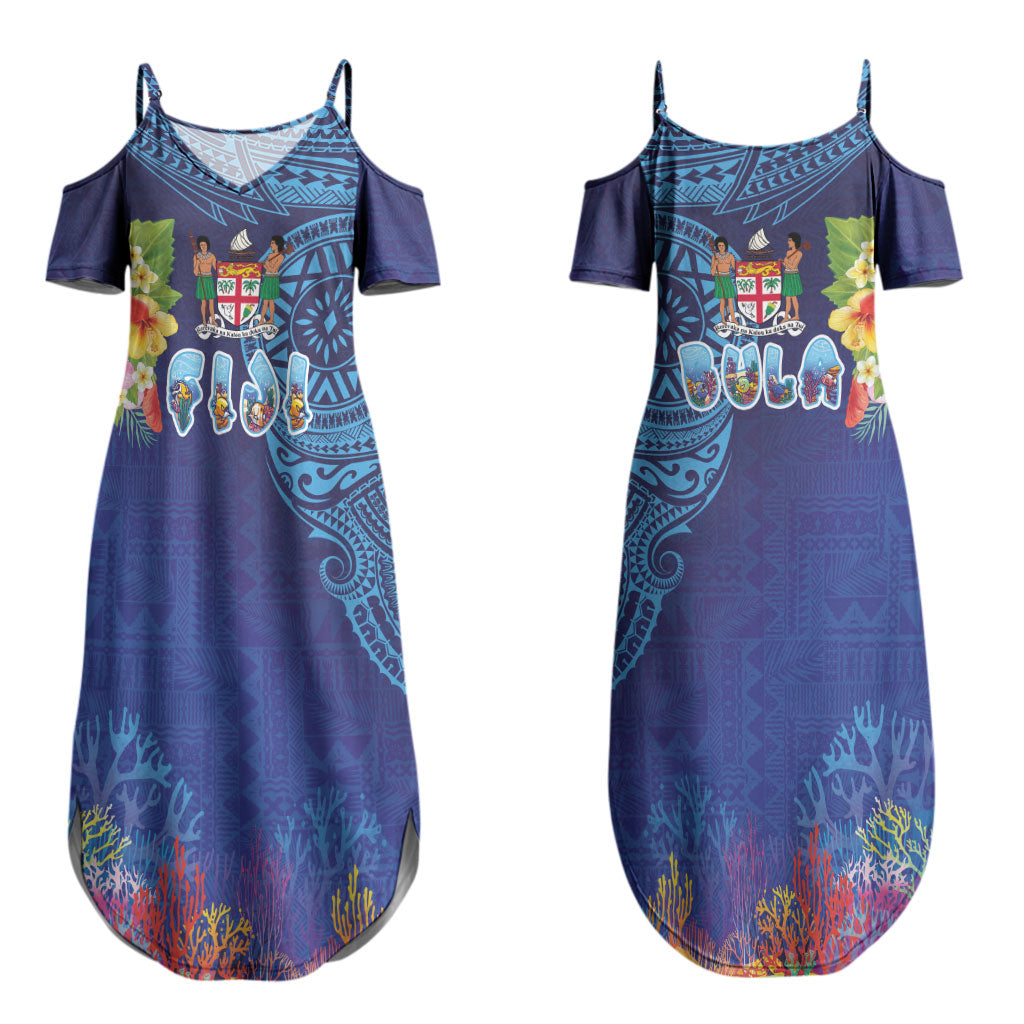 Fiji Day Couples Matching Summer Maxi Dress and Long Sleeve Button Shirt Coral Reef with Tapa Motifs and Hibiscus Ocean Vibe
