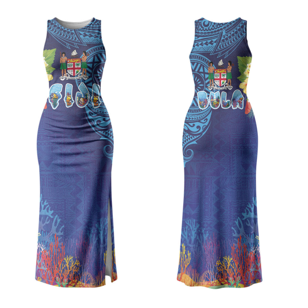 Fiji Day Couples Matching Tank Maxi Dress and Hawaiian Shirt Coral Reef with Tapa Motifs and Hibiscus Ocean Vibe