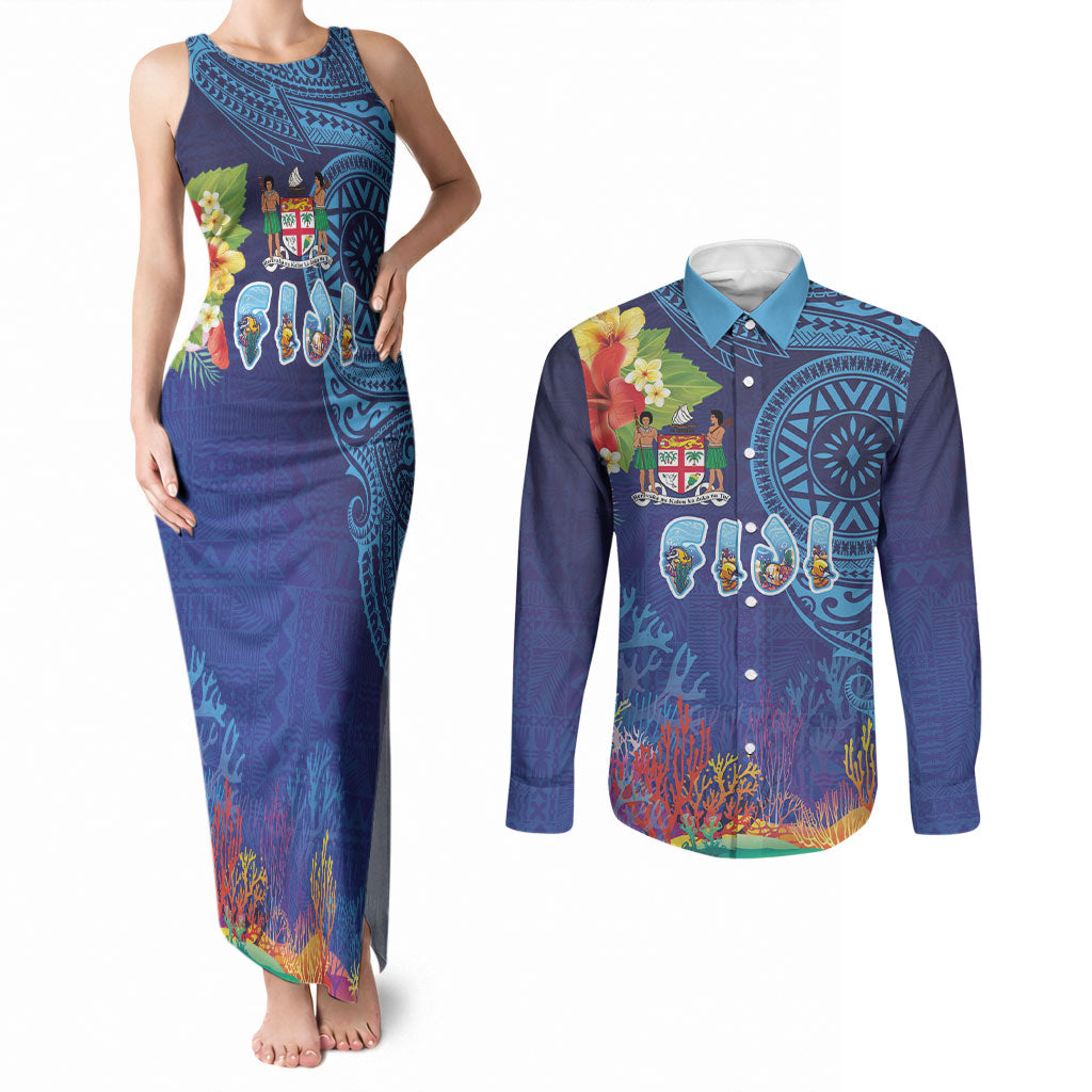 Fiji Day Couples Matching Tank Maxi Dress and Long Sleeve Button Shirt Coral Reef with Tapa Motifs and Hibiscus Ocean Vibe