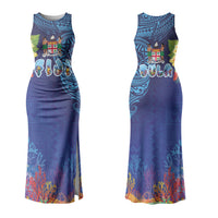 Fiji Day Couples Matching Tank Maxi Dress and Long Sleeve Button Shirt Coral Reef with Tapa Motifs and Hibiscus Ocean Vibe