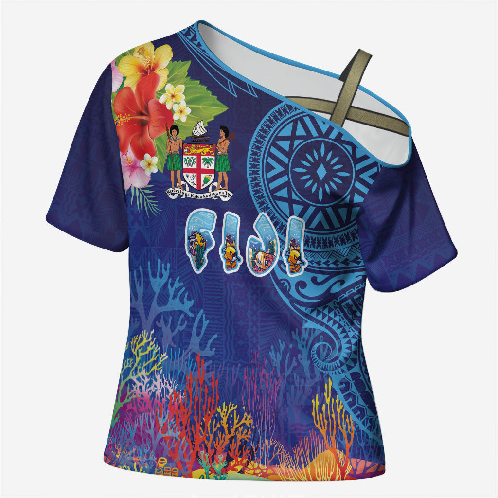 Fiji Day Cross Shoulder Shirt Coral Reef with Tapa Motifs and Hibiscus Ocean Vibe