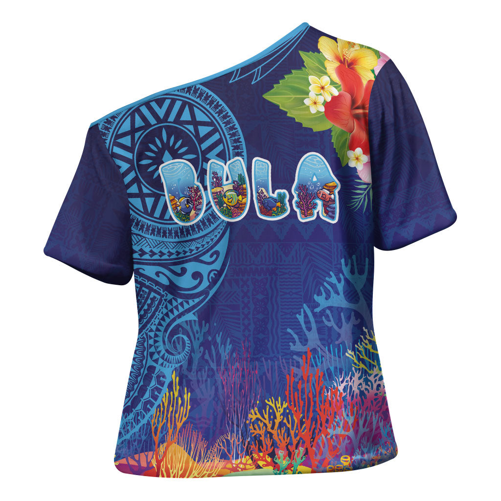 Fiji Day Cross Shoulder Shirt Coral Reef with Tapa Motifs and Hibiscus Ocean Vibe