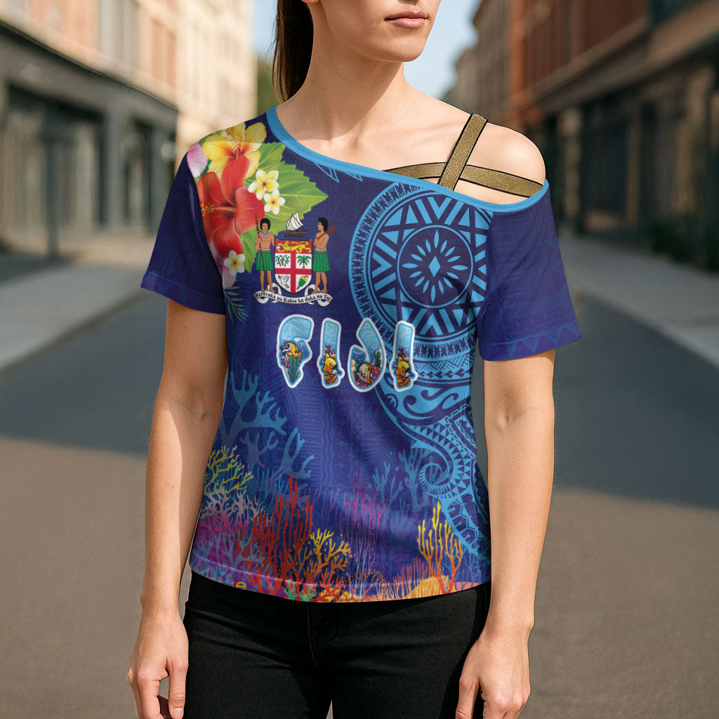 Fiji Day Cross Shoulder Shirt Coral Reef with Tapa Motifs and Hibiscus Ocean Vibe
