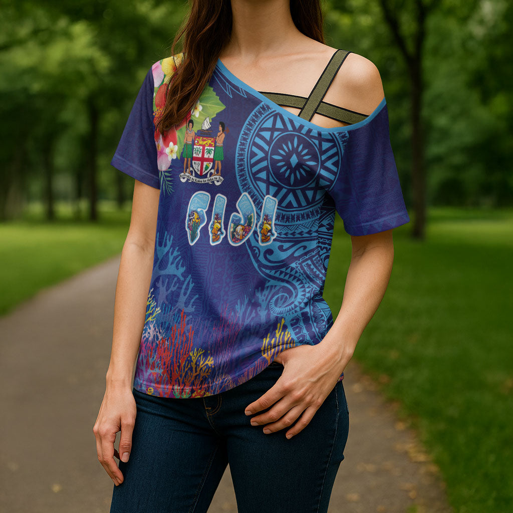 Fiji Day Cross Shoulder Shirt Coral Reef with Tapa Motifs and Hibiscus Ocean Vibe