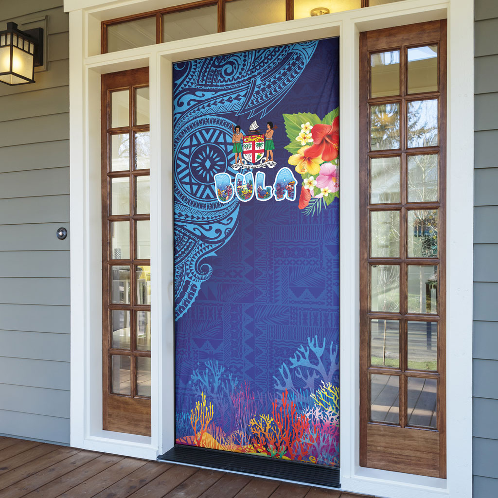 Fiji Day Door Cover Coral Reef with Tapa Motifs and Hibiscus Ocean Vibe