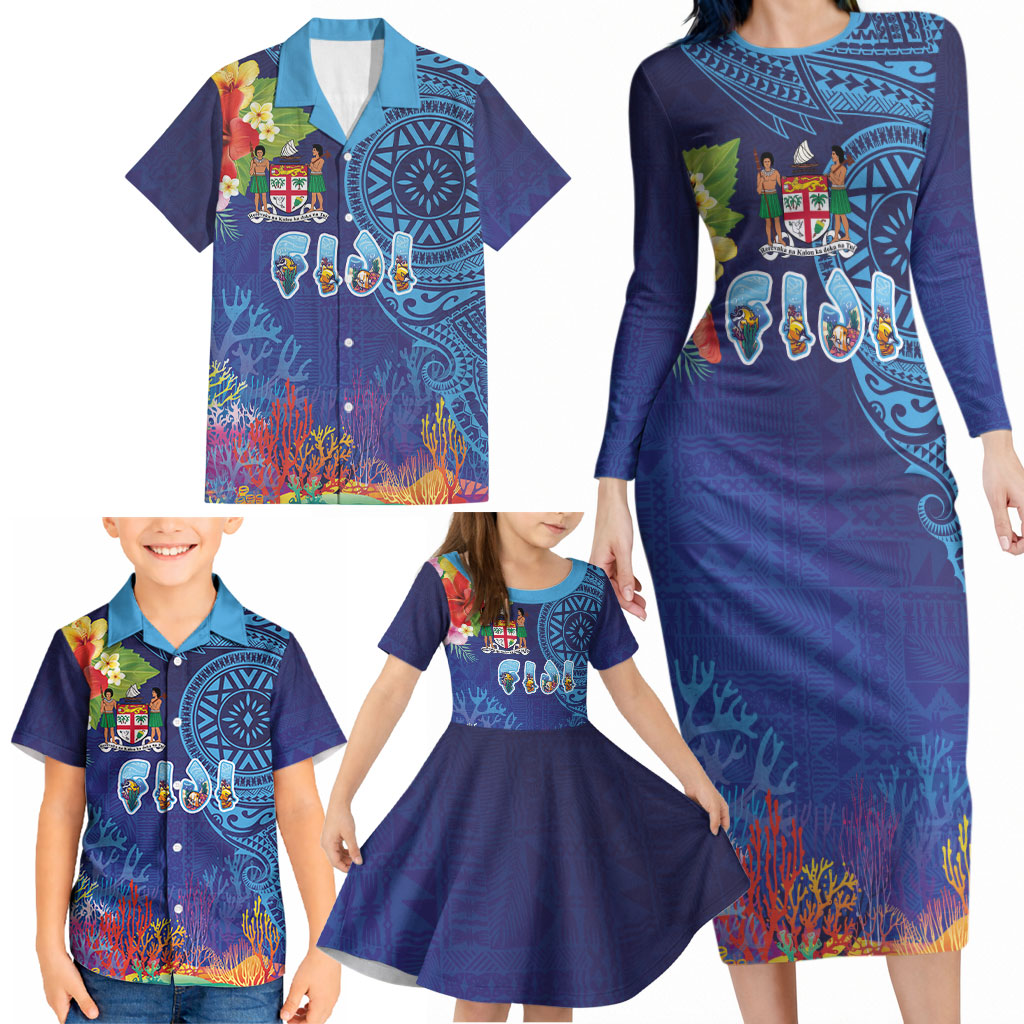 Fiji Day Family Matching Long Sleeve Bodycon Dress and Hawaiian Shirt Coral Reef with Tapa Motifs and Hibiscus Ocean Vibe