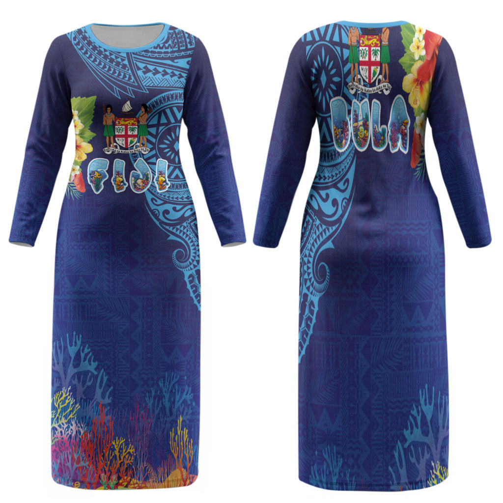 Fiji Day Family Matching Long Sleeve Bodycon Dress and Hawaiian Shirt Coral Reef with Tapa Motifs and Hibiscus Ocean Vibe