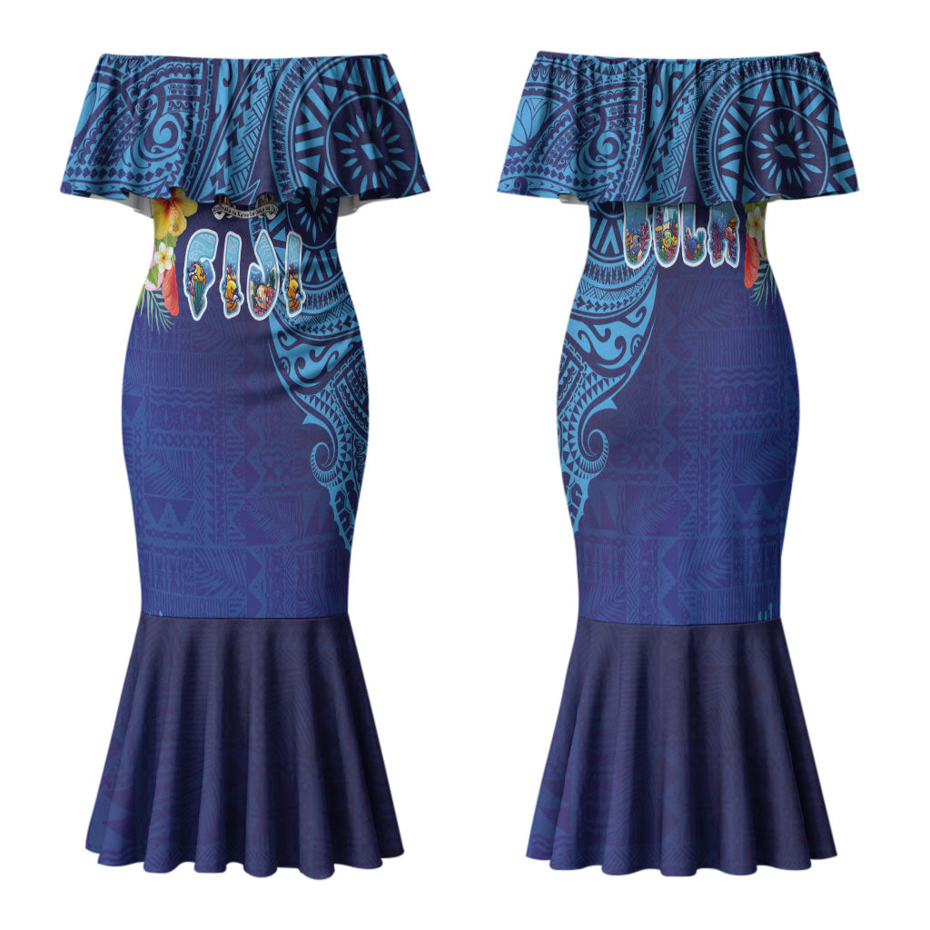 Fiji Day Family Matching Mermaid Dress and Hawaiian Shirt Coral Reef with Tapa Motifs and Hibiscus Ocean Vibe