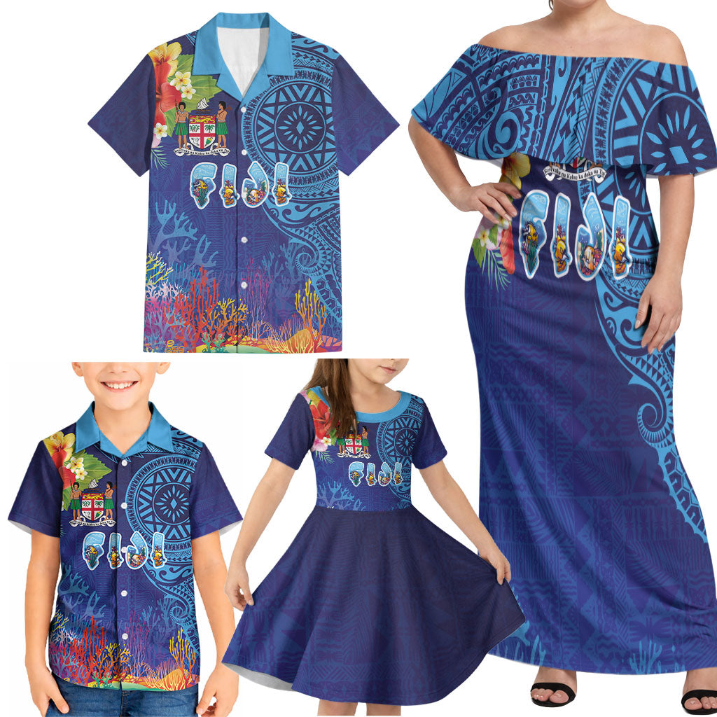 Fiji Day Family Matching Off Shoulder Maxi Dress and Hawaiian Shirt Coral Reef with Tapa Motifs and Hibiscus Ocean Vibe