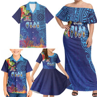 Fiji Day Family Matching Off Shoulder Maxi Dress and Hawaiian Shirt Coral Reef with Tapa Motifs and Hibiscus Ocean Vibe