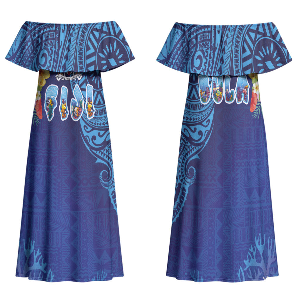 Fiji Day Family Matching Off Shoulder Maxi Dress and Hawaiian Shirt Coral Reef with Tapa Motifs and Hibiscus Ocean Vibe