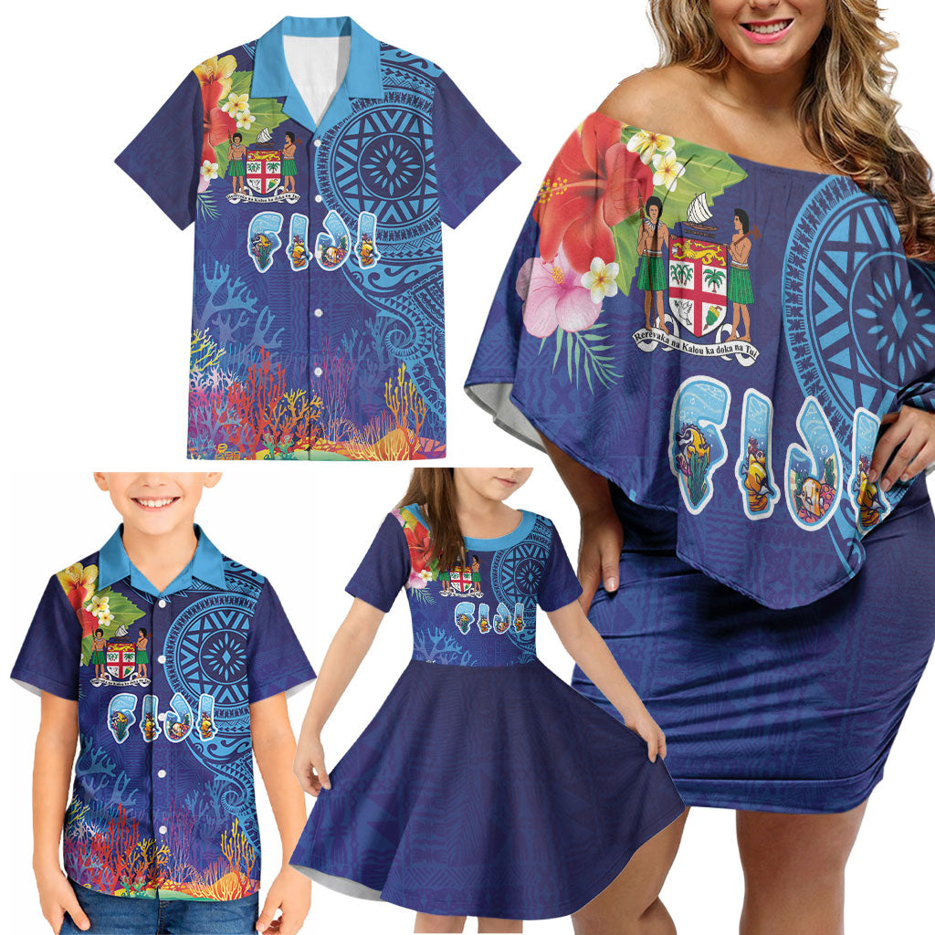 Fiji Day Family Matching Off Shoulder Short Dress and Hawaiian Shirt Coral Reef with Tapa Motifs and Hibiscus Ocean Vibe