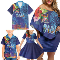 Fiji Day Family Matching Off Shoulder Short Dress and Hawaiian Shirt Coral Reef with Tapa Motifs and Hibiscus Ocean Vibe