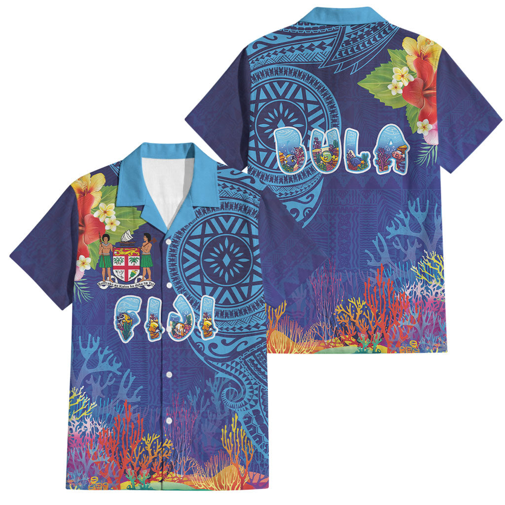 Fiji Day Family Matching Off Shoulder Short Dress and Hawaiian Shirt Coral Reef with Tapa Motifs and Hibiscus Ocean Vibe