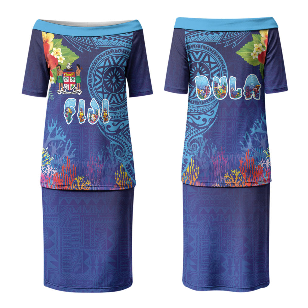 Fiji Day Family Matching Puletasi and Hawaiian Shirt Coral Reef with Tapa Motifs and Hibiscus Ocean Vibe