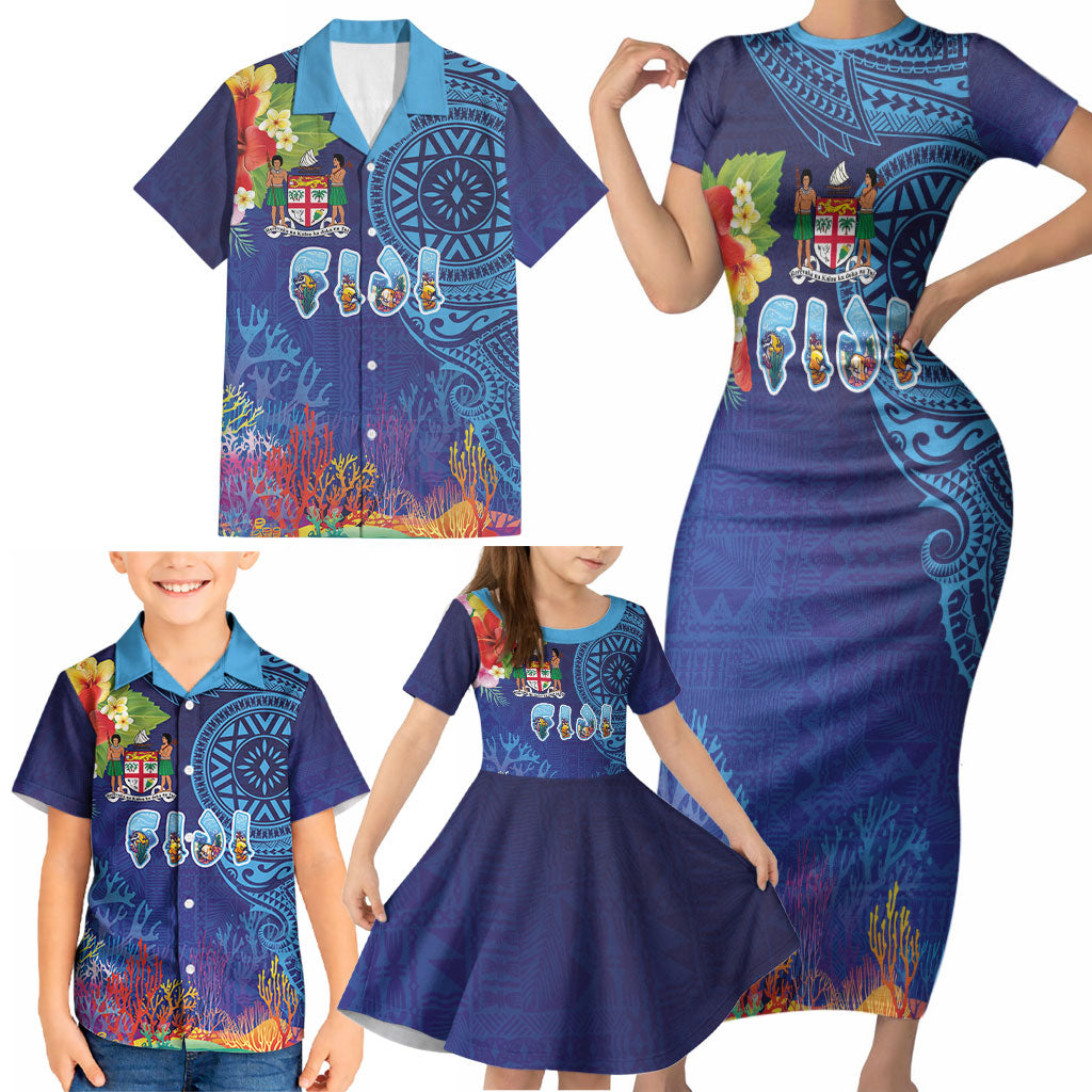 Fiji Day Family Matching Short Sleeve Bodycon Dress and Hawaiian Shirt Coral Reef with Tapa Motifs and Hibiscus Ocean Vibe