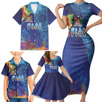 Fiji Day Family Matching Short Sleeve Bodycon Dress and Hawaiian Shirt Coral Reef with Tapa Motifs and Hibiscus Ocean Vibe