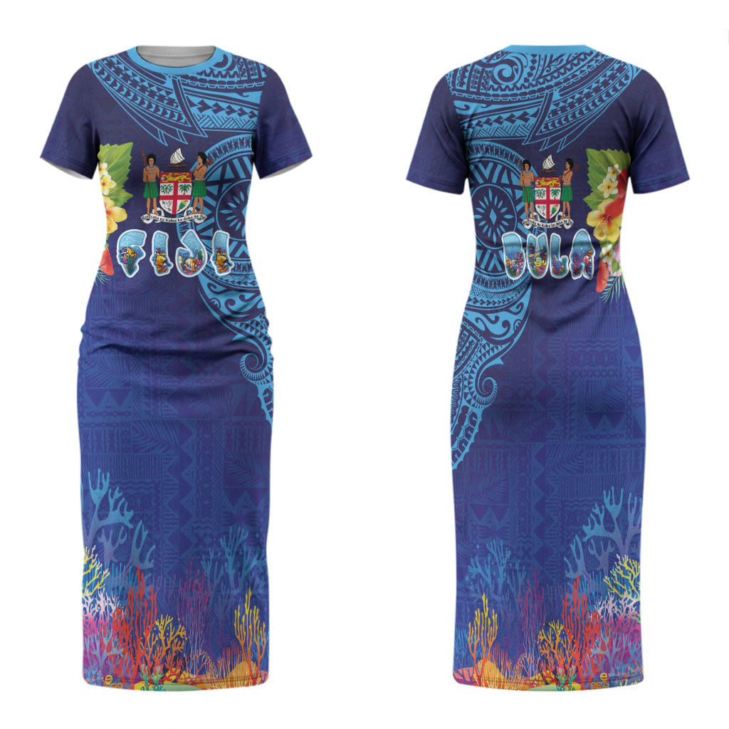 Fiji Day Family Matching Short Sleeve Bodycon Dress and Hawaiian Shirt Coral Reef with Tapa Motifs and Hibiscus Ocean Vibe
