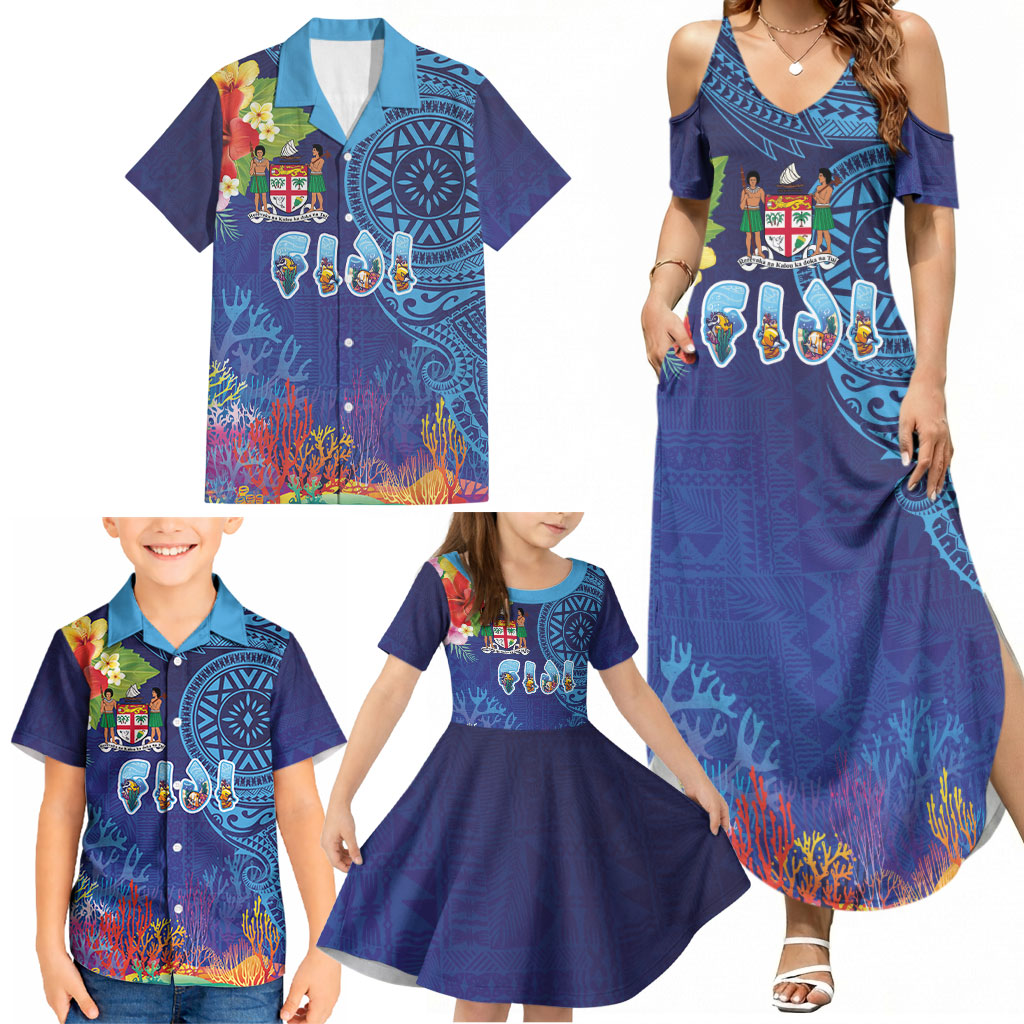 Fiji Day Family Matching Summer Maxi Dress and Hawaiian Shirt Coral Reef with Tapa Motifs and Hibiscus Ocean Vibe