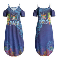Fiji Day Family Matching Summer Maxi Dress and Hawaiian Shirt Coral Reef with Tapa Motifs and Hibiscus Ocean Vibe