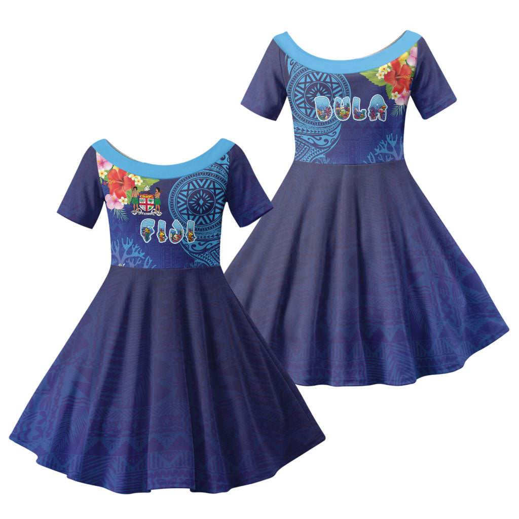 Fiji Day Family Matching Summer Maxi Dress and Hawaiian Shirt Coral Reef with Tapa Motifs and Hibiscus Ocean Vibe