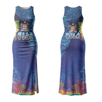 Fiji Day Family Matching Tank Maxi Dress and Hawaiian Shirt Coral Reef with Tapa Motifs and Hibiscus Ocean Vibe