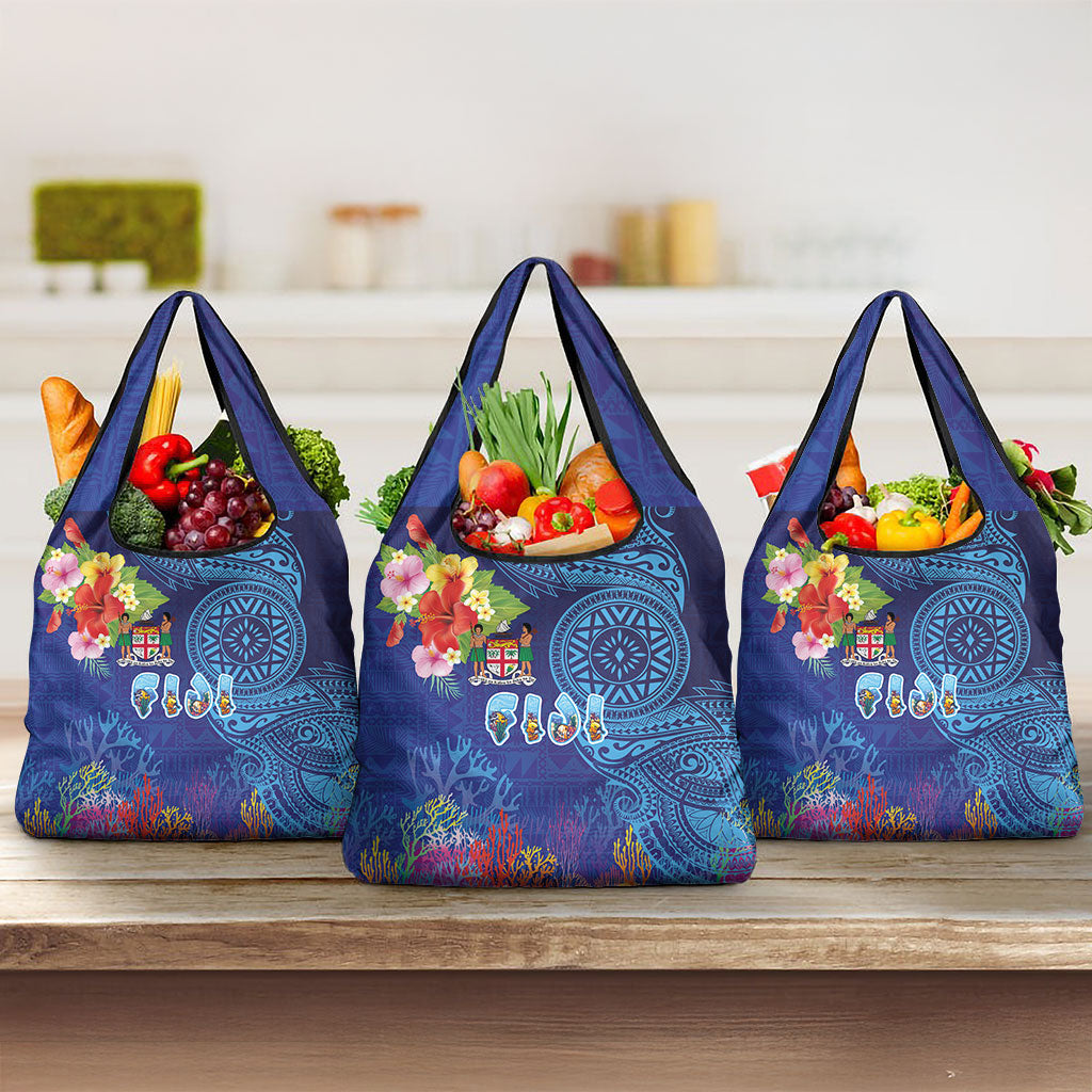 Fiji Day Grocery Bag Coral Reef with Tapa Motifs and Hibiscus Ocean Vibe