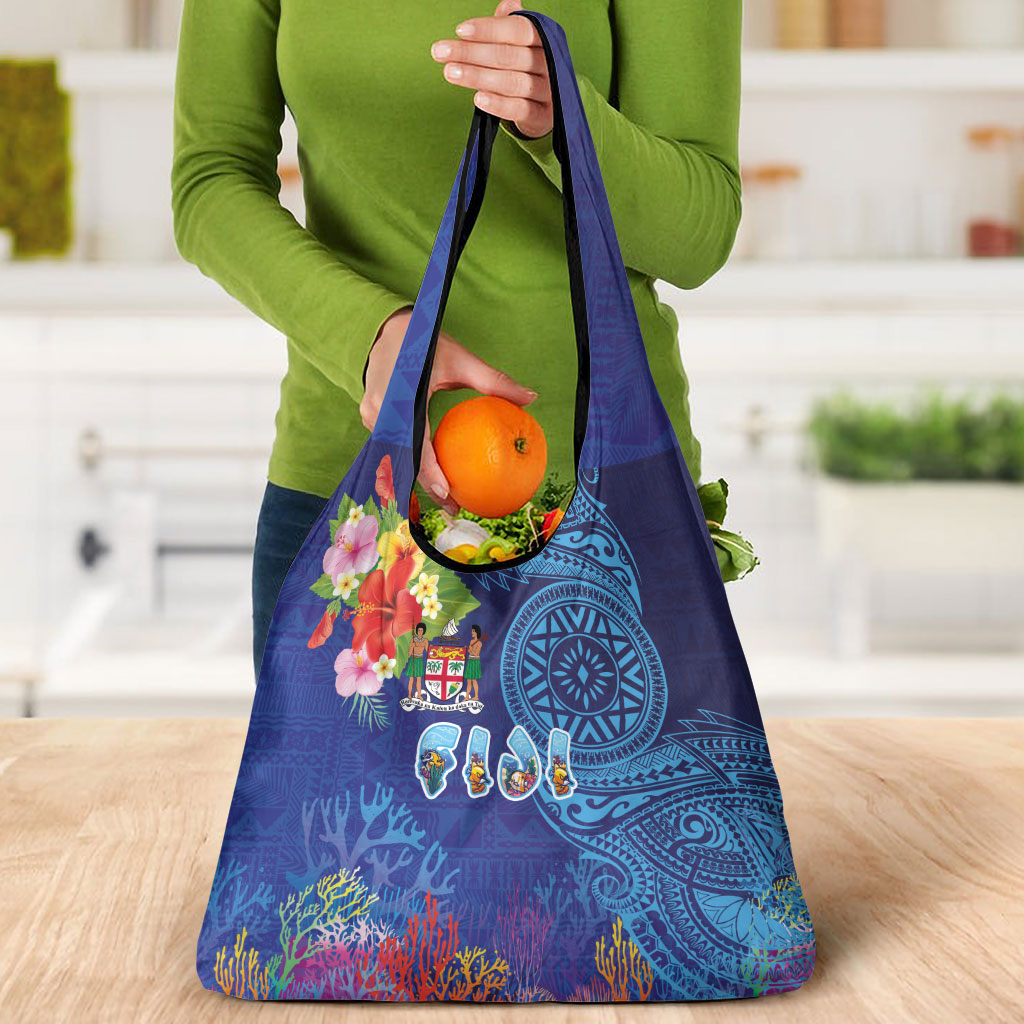 Fiji Day Grocery Bag Coral Reef with Tapa Motifs and Hibiscus Ocean Vibe