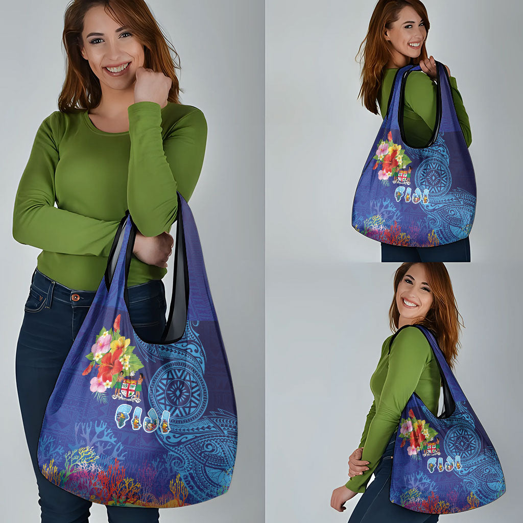 Fiji Day Grocery Bag Coral Reef with Tapa Motifs and Hibiscus Ocean Vibe