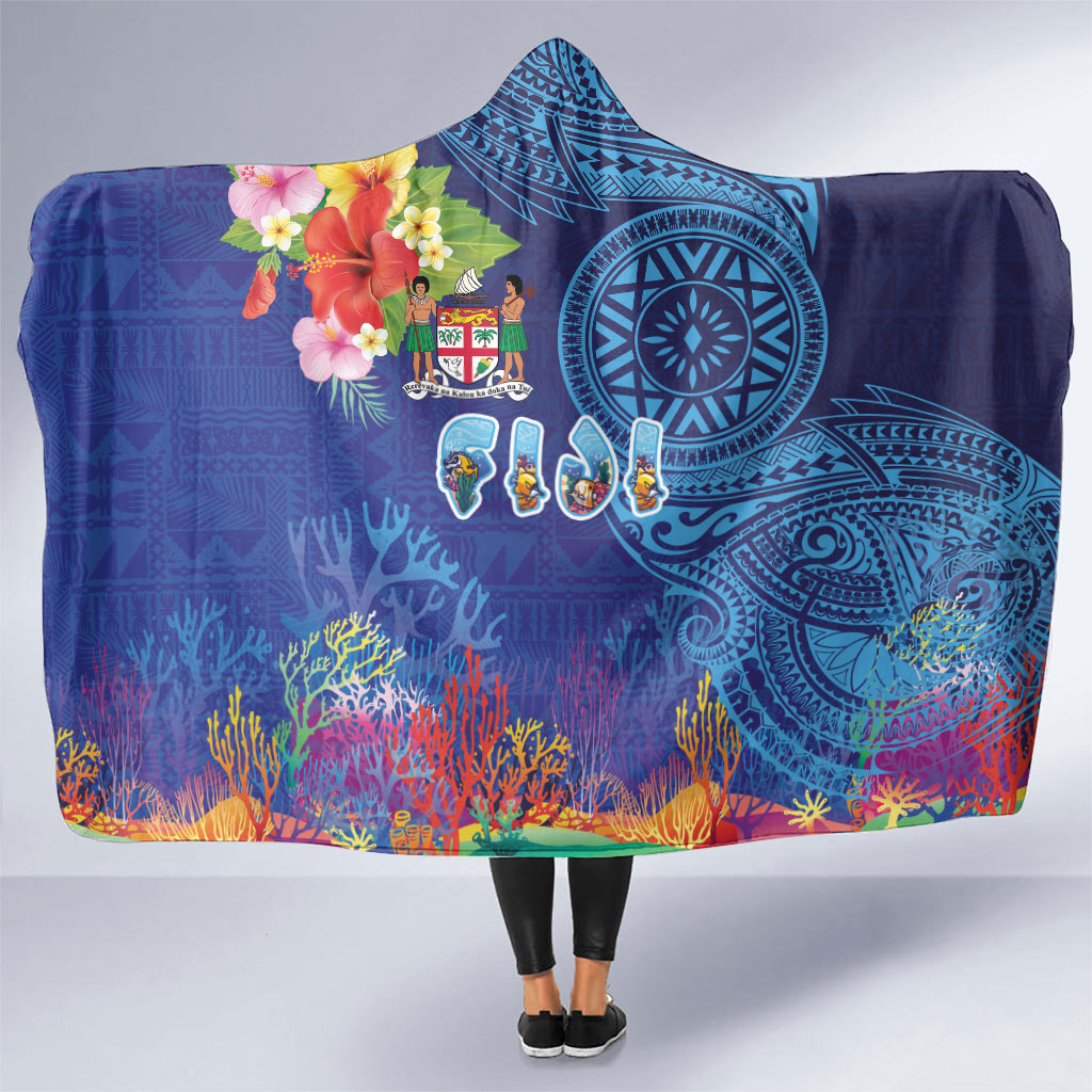 Fiji Day Hooded Blanket Coral Reef with Tapa Motifs and Hibiscus Ocean Vibe