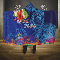 Fiji Day Hooded Blanket Coral Reef with Tapa Motifs and Hibiscus Ocean Vibe