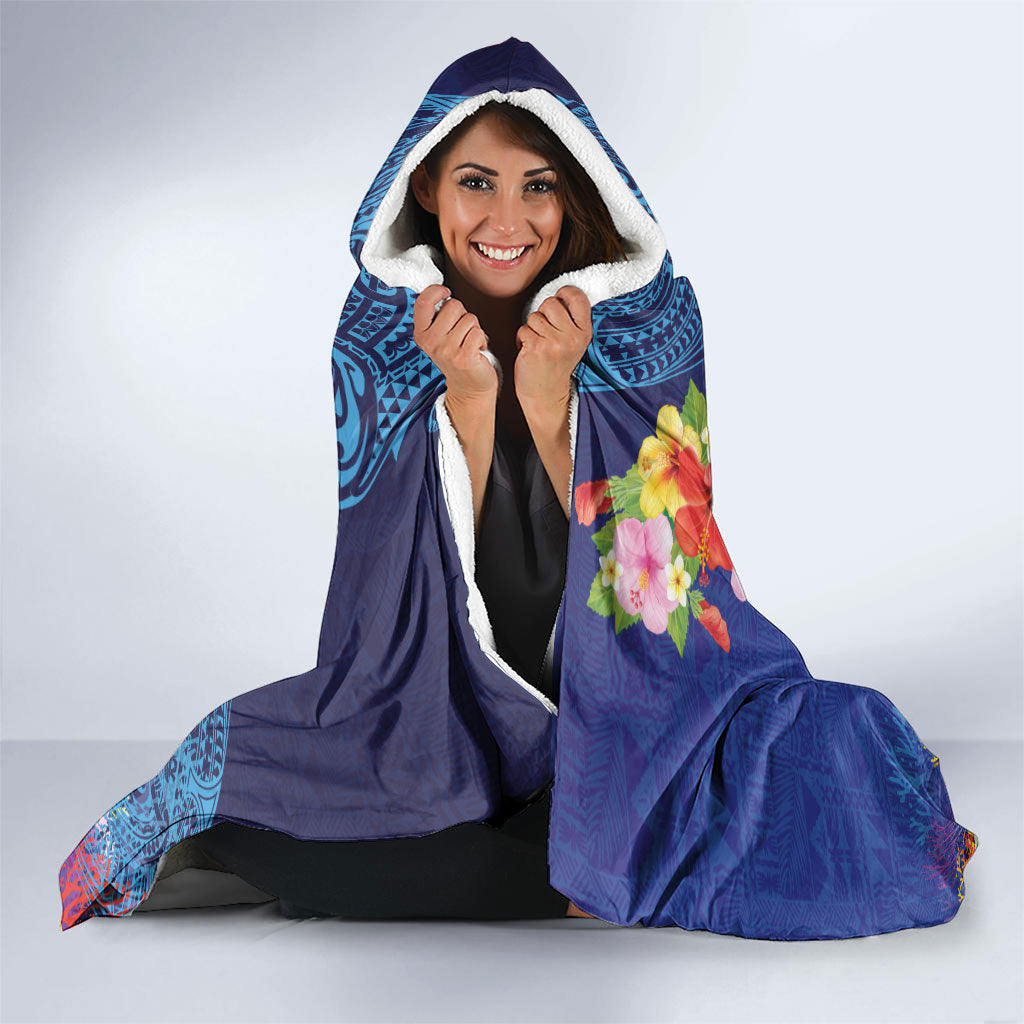 Fiji Day Hooded Blanket Coral Reef with Tapa Motifs and Hibiscus Ocean Vibe