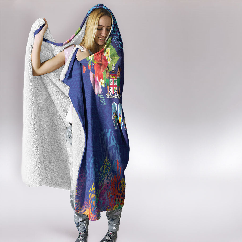 Fiji Day Hooded Blanket Coral Reef with Tapa Motifs and Hibiscus Ocean Vibe