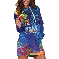Fiji Day Hoodie Dress Coral Reef with Tapa Motifs and Hibiscus Ocean Vibe