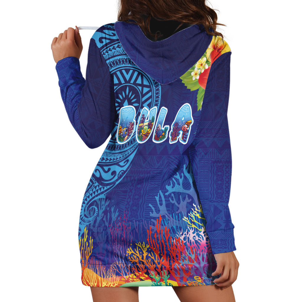 Fiji Day Hoodie Dress Coral Reef with Tapa Motifs and Hibiscus Ocean Vibe