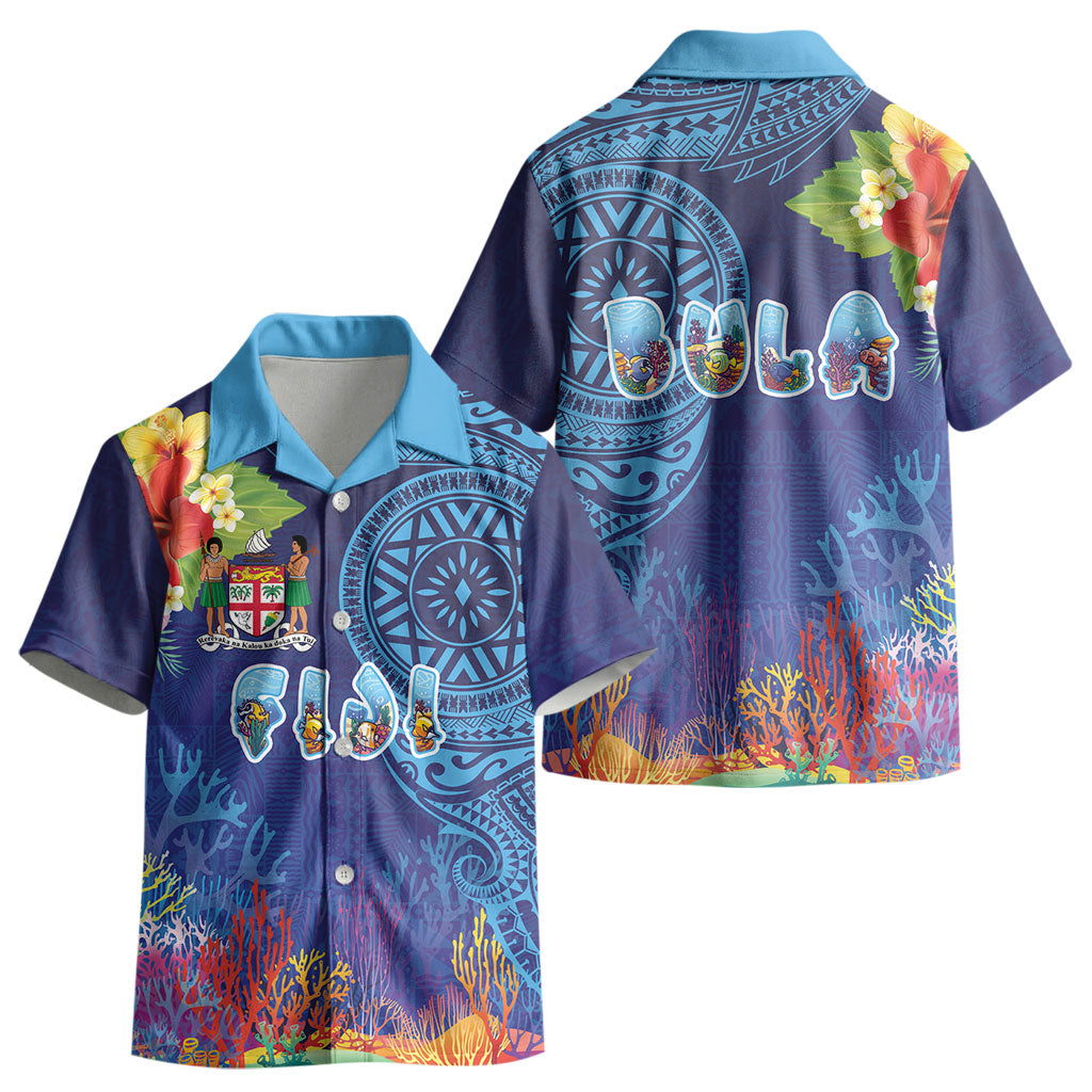 Fiji Day Kid Hawaiian Shirt Coral Reef with Tapa Motifs and Hibiscus Ocean Vibe
